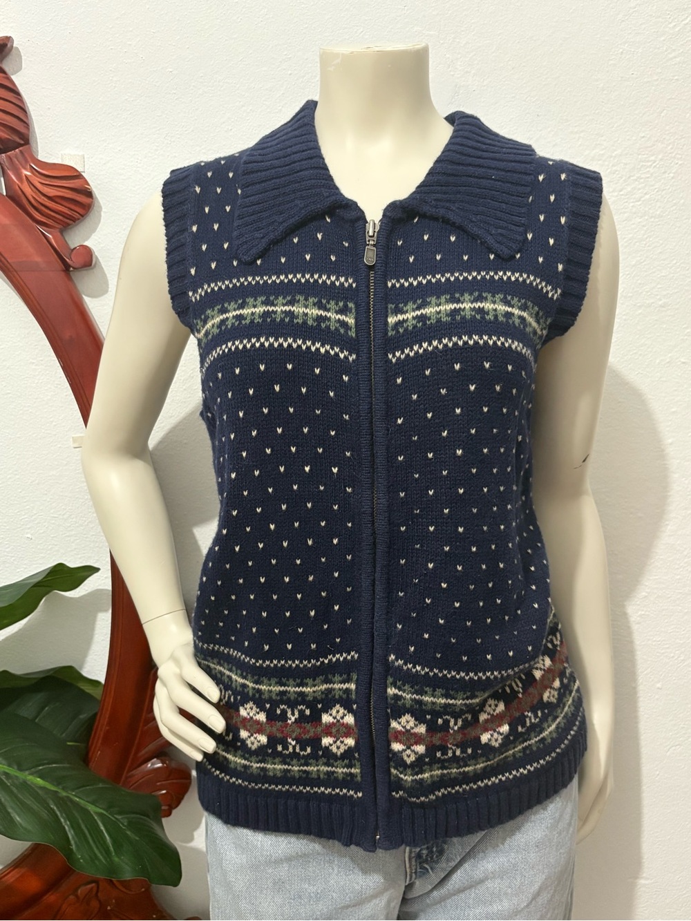 Vintage Cabin Creek Fair Isle Zip Front Sleeveless Cotton Blend Sweater Vest